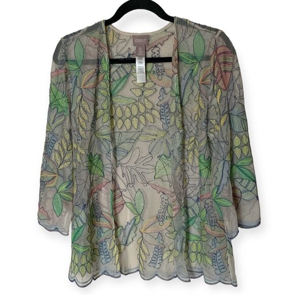Chico's Floral Mesh Embroidered Jacket in Alabaster Size O or Small/4 - Picture 2 of 10